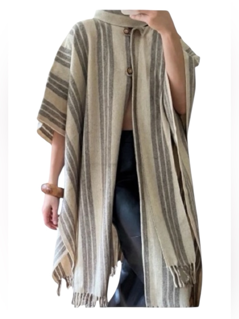 Vintage Wool Striped Fringe Blanket Cape Poncho Coat One Size Boho Wrap